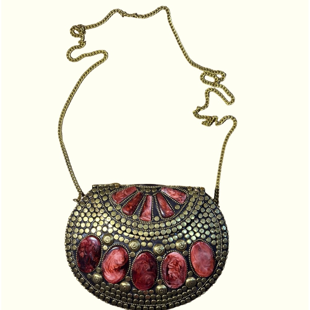 OOAK Beautiful and unique brass studded and jewel boho clutch or crossbody